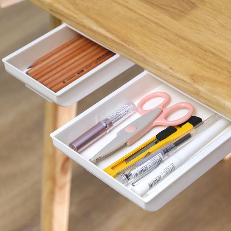 Self Stick Pencil Tray Under Desk Drawer Storage Box Hidden Stationery Organizer Stand For Pens Office Home Storage Organizer